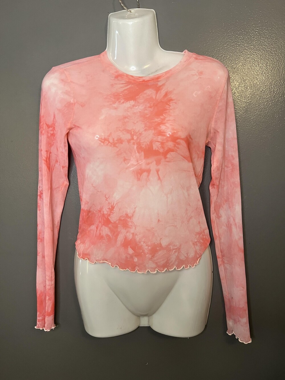 Forever 21 Shirt Womens Small Pink Tie Dye Sheer Mesh Long Sleeve Ruffle Hem